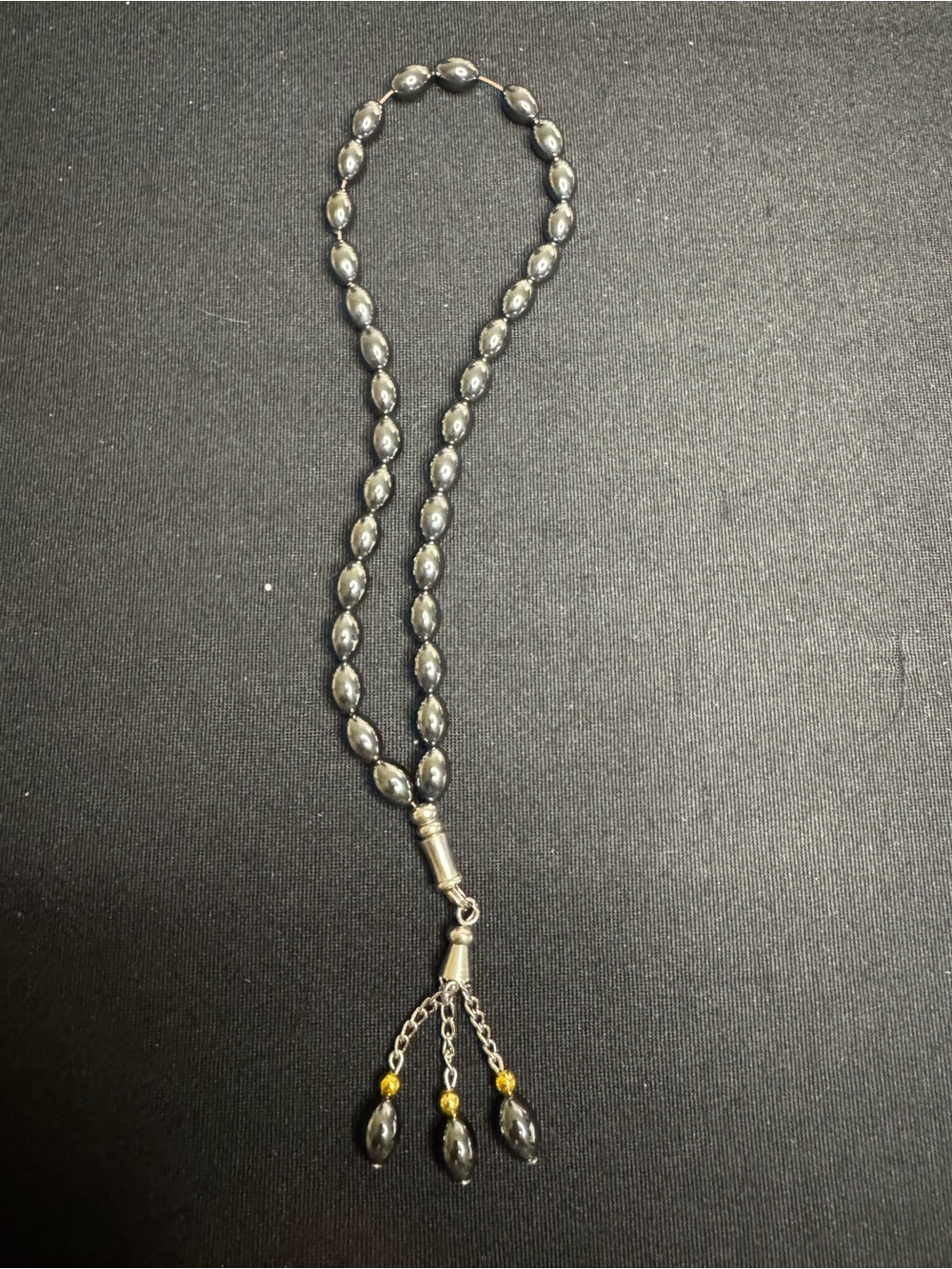 Metallic Hematite-Tone Prayer Beads – 33 Oval Misbaha with Triple Chain Tassel